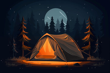 Camping tent in the forest at night