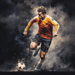 Football or soccer player running fast and kicking a ball on  a dark background 