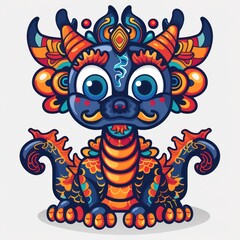 Fototapeta premium dragon, symmetry doodle art, woodblock color print art, flat cartoons, white background