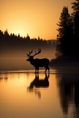 The silhouette of an elk graces the wilderness near a lake bathed in the soft light of sunset