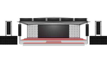 red stage and speaker with led screen on the truss system on the white background	