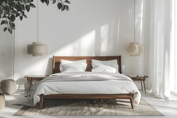 Minimal bedroom interior with Home decoration mock up. Cozy coastal stylish, furniture, comfortable bed, Modern design background