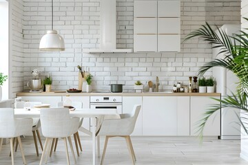 Modern new light interior of kitchen with white furniture and dining table. White brick wall. Soft tone
