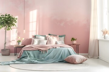 scandinavian design house beautiful concept bedroom interior design with colour accent wall headboard feature wall bedroom with daylight cosy atmosphere home interior concept. pastel colors tone