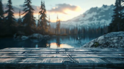 Misty sunrise over a tranquil mountain lake, viewed from a weathered wooden pier.