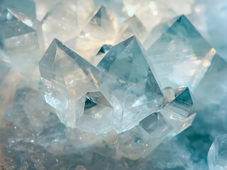 Close-up of a clear quartz crystal cluster showcasing its natural beauty and geometric shapes.