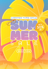 The design for the summer sale features a paper-cut tropical background in bright colors. Combining the concept of tropical leaves and discount vouchers. Vector illustration template.