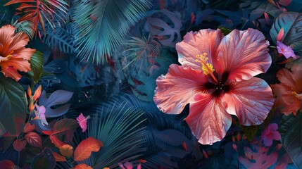 A 2D collage with a single, oversized hibiscus flower in the foreground, composed from tropical plant textures and bold colors concept  
