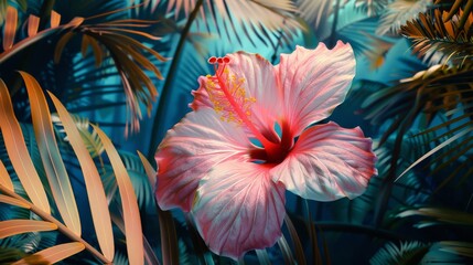A 2D collage with a single, oversized hibiscus flower in the foreground, composed from tropical plant textures and bold colors concept  
