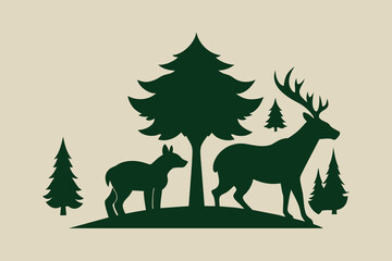 stylized nature animals. Collection of animal silhouettes with a forest. Logos of wild animals. Tattoo. Vector