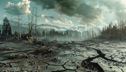 A barren forest landscape, devoid of trees, with skeletal remains scattered on the cracked earth  