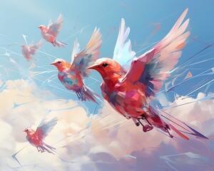 Illustrate a flock of robotic birds soaring high above the clouds, with a distorted perspective that blurs the line between reality and artificial intelligence Digital Rendering Techniques, glitch art