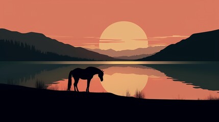 Silhouette of a horse by a wilderness lake, captured in a minimal illustration of a sunset scene