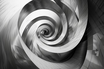 A black and white digital art piece with a swirling vortex of geometric shapes, creating a dynamic and textured background  