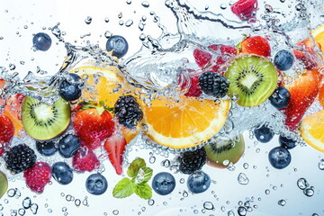 water splashing onto mix fruit, colorful fruits