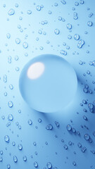 水滴のついた青色背景に透明の美しい球体。3D（縦長）