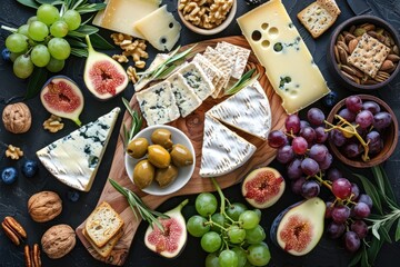 Cheese platter seen from above with figs and grapes, nuts and olives. Festive dinner aperitif