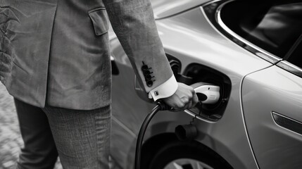 businessman using an electric car charger, light gray and white