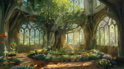 A magical tree growing inside of a tower, surrounded by beds of flowers and herbs akin to a medieval greenhouse.