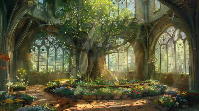 A magical tree growing inside of a tower, surrounded by beds of flowers and herbs akin to a medieval greenhouse.