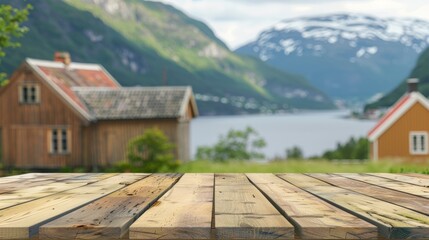 Charming wooden terrace with a blurred backdrop of a traditional Norwegian house and a stunning fjord.