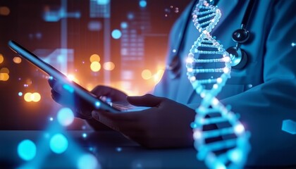 Abstract luminous DNA molecule. Doctor using tablet and check with analysis chromosome DNA genetic