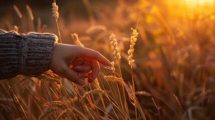Woman hand holding wheat plant at sunset