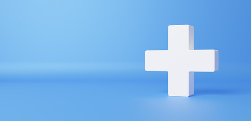Obraz premium 青い背景に白い十字。コピースペース。3D（横長）