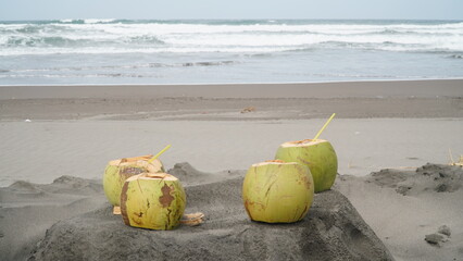 Four coconuts with straws on the beach sand. Blur sand and waves background. Focus selected