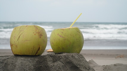 Coconut fruit on beach sand. Blur sand and waves background. Focus selected