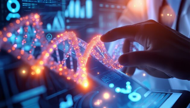 Abstract luminous DNA molecule. Doctor using tablet and check with analysis chromosome DNA genetic