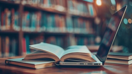 Open laptop and book compilation in a classroom