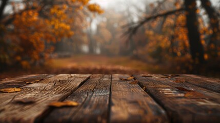 Close-up of a rustic wooden table covered with fallen leaves, set against a soft-focus autumnal...
