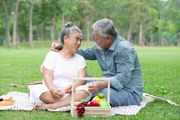 senior couple picnic and eating fruit together in the park