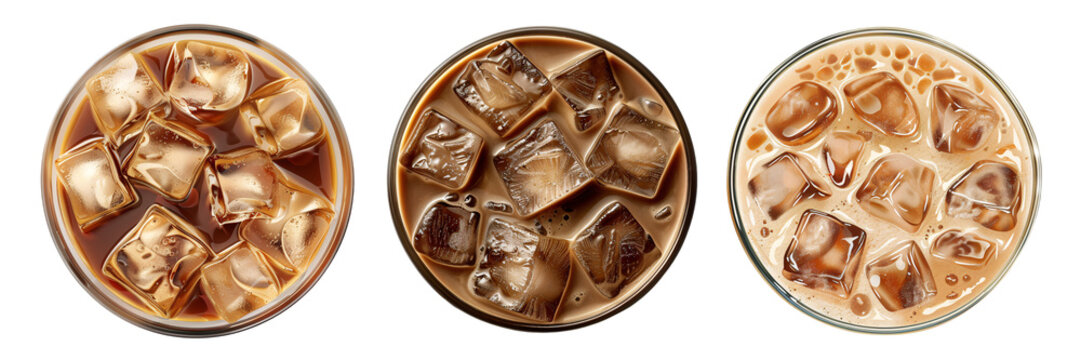 Iced coffee glass with ice cubes top view collection isolated on transparent cut-out background, cold beverage Image clipart PNG