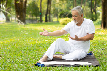 asian senior man workout and doing yoga in the park