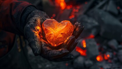 A detailed photo of a blacksmith hammering a heartshaped piece of metal on an anvil, sparks flying as flames lick the metal   - obrazy, fototapety, plakaty