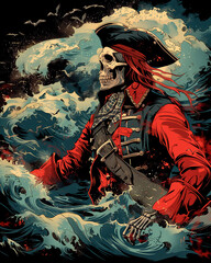 A pirate skeleton is standing in the ocean with a red shirt and a red hat
