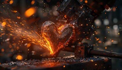A detailed photo of a blacksmith hammering a heartshaped piece of metal on an anvil, sparks flying as flames lick the metal  