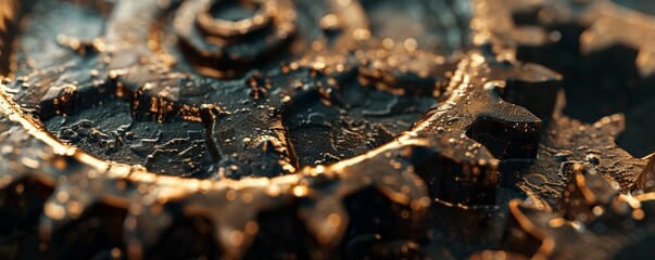 A detailed photo of a bronze gear with a worn, industrial texture, bathed in a warm, directional light that highlights the intricate details and imperfections  