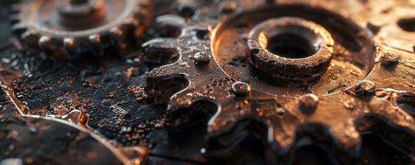 A detailed photo of a bronze gear with a worn, industrial texture, bathed in a warm, directional light that highlights the intricate details and imperfections  