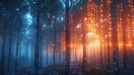 A digital forest where trees are formed from glowing code, their branches reaching towards a neon sunrise  