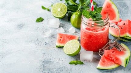 Watermelon Juice smoothie in glass jar with blur background