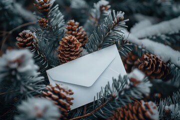 Christmas invitation card and envelope with  a winter holiday setting, natural morning light, cold yet cozy climate