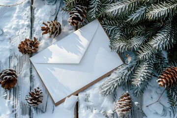 Christmas invitation card and envelope with  a winter holiday setting, natural morning light, cold yet cozy climate