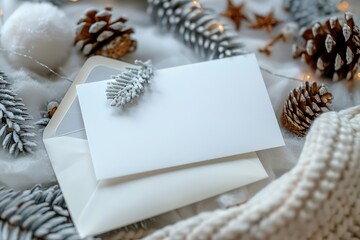Christmas invitation card and envelope with  a winter holiday setting, natural morning light, cold yet cozy climate