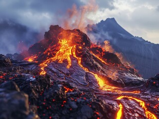 A dramatic image of a volcanic eruption spewing colorful molten lava, flowing down the mountainside and mixing with the earth  