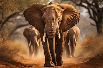 A majestic elephant leading an elephant's herd, walking towards the camera on a dirt road in Africa. Generative AI