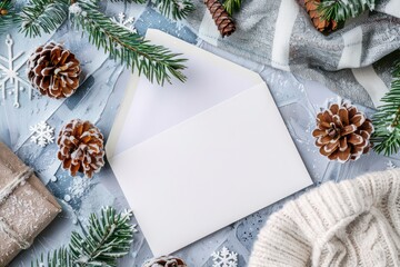Obraz na płótnie Canvas Christmas invitation card and envelope with a winter holiday setting, natural morning light, cold yet cozy climate