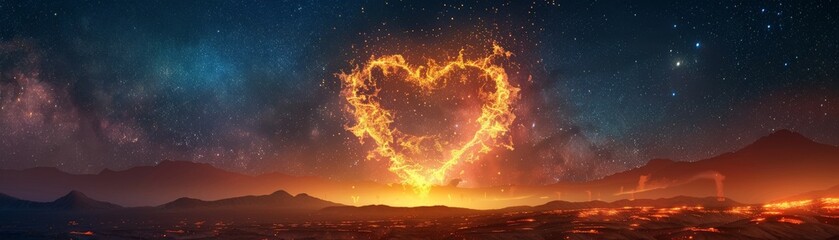 Fototapeta premium A dramatic photo of a wildfire burning in the shape of a heart, with a starry night sky above 